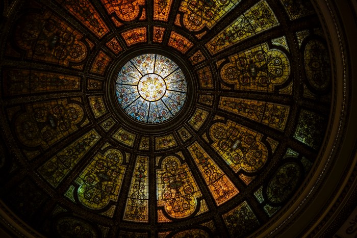Intricate Stained Glass Dome Ceiling with Skylight