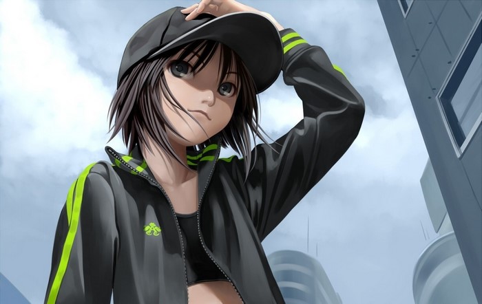 Anime girl in a black jacket and cap