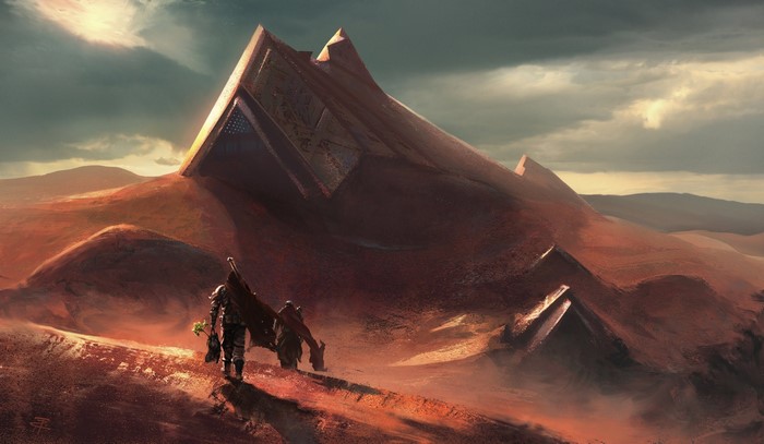 Figures approach a colossal alien pyramid in a desert landscape
