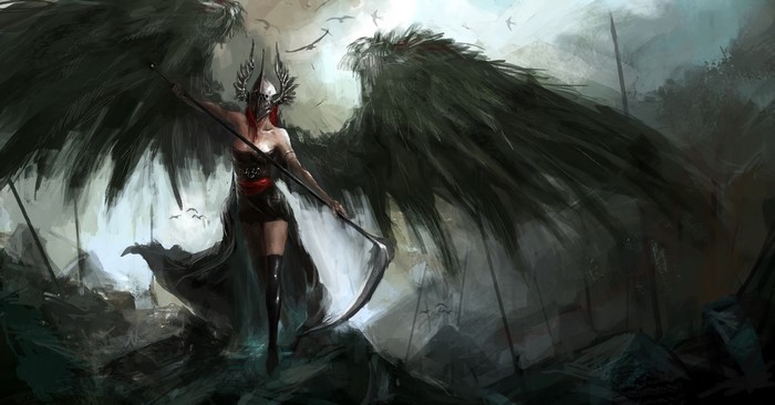 Fantasy angel with scythe and black wings