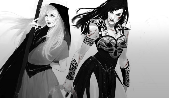 Two female warriors, one with blonde hair and a hood, the other with black hair and armor