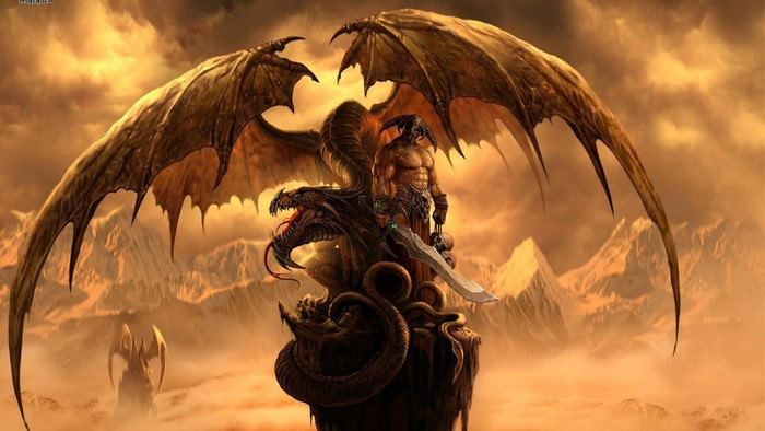 Warrior with Dragon and Sword in Mountain Landscape