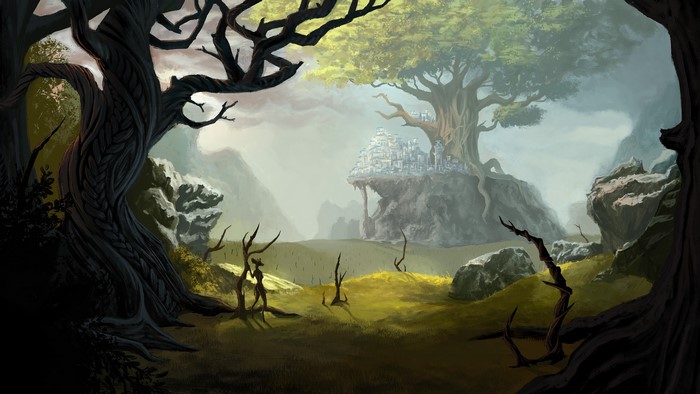 Fantasy art of a city on a cliff in a forest