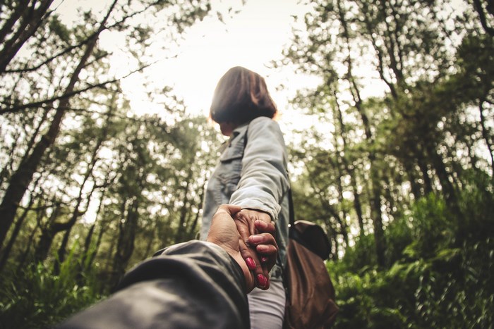 Couple holding hands in a forest