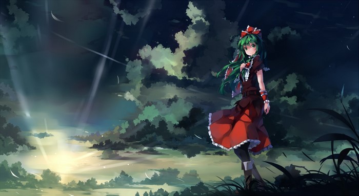 Kagiyama Hina from Touhou Project in a cloudy night sky