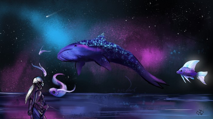 Fantasy space art with whale and fish