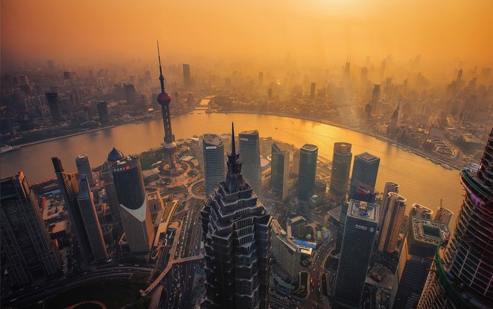 Shanghai skyline at dusk with Oriental Pearl Tower