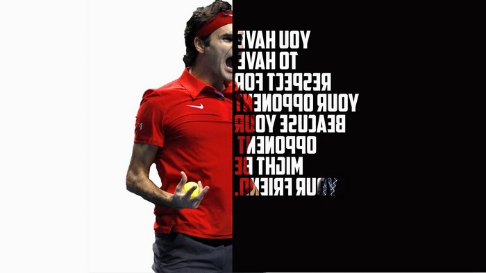 Roger Federer in red shirt with quote