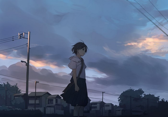 Anime girl in school uniform standing under cloudy sky