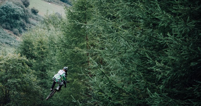 Mountain biker jumps through a dense forest