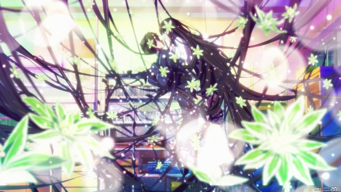 Hyouka anime couple embracing among glowing plants