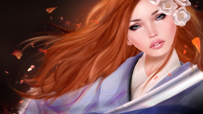 Redhead woman with flowers in hair and petals