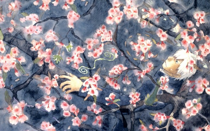 Ginko from Mushishi in cherry blossoms
