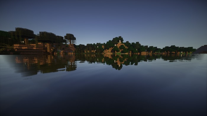 Minecraft landscape with trees and water reflection