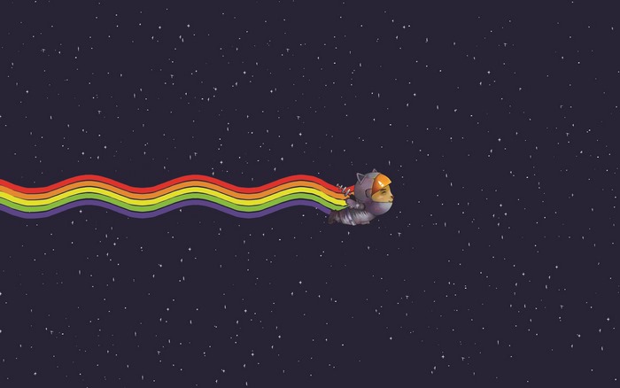 Nyan Cat astronaut leaving a rainbow trail in space