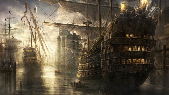 Ships in a harbor with towers