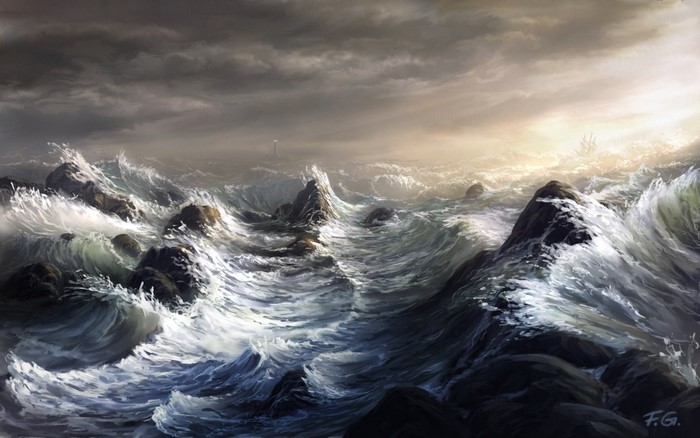 Artwork of a stormy sea with waves crashing on rocks