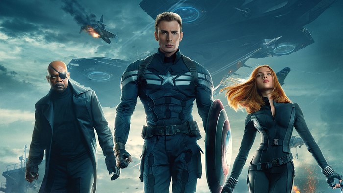Captain America, Black Widow, and Nick Fury from Captain America: The Winter Soldier