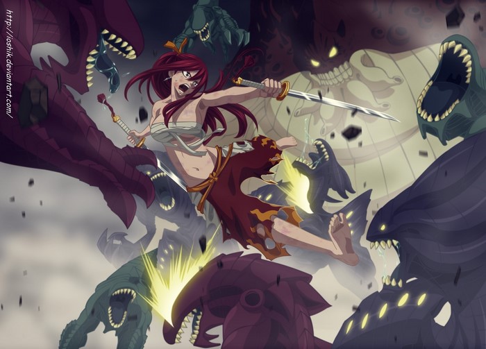 Erza Scarlet with Blades Fighting Monsters
