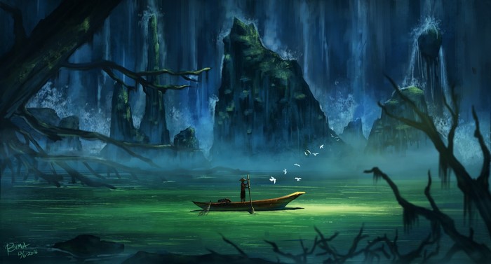 Solitary Boat on a Mystical River at Night