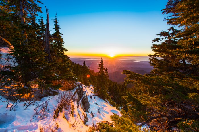 Sunrise over a snowy mountain valley with pine trees