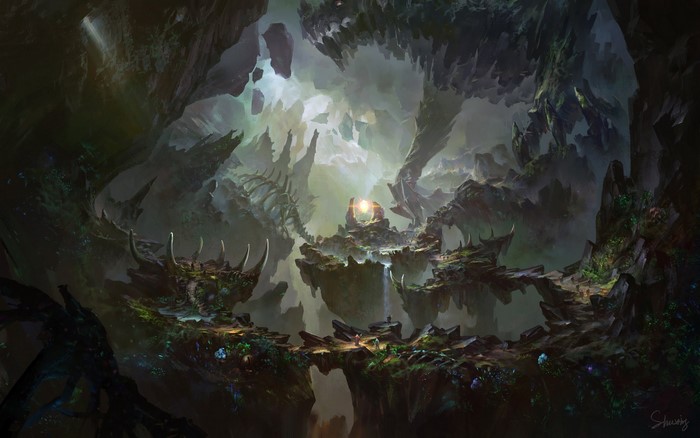 Fantasy art of a creature in a cave