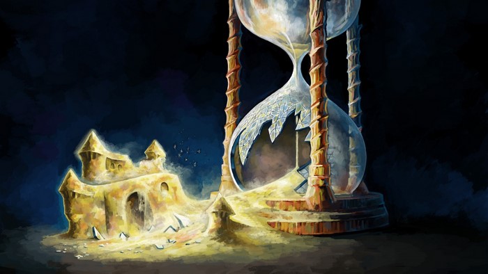 Hourglass and crumbling sand castle in fantasy art