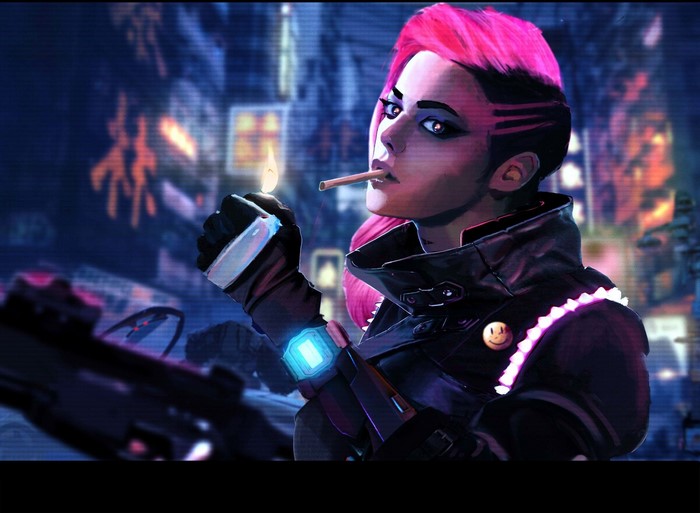 Woman with pink hair lighting a cigarette in a cyberpunk city