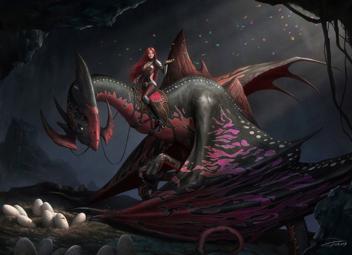 Woman riding a dragon near dragon eggs