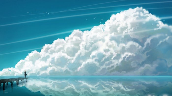 Artwork illustration of a person on a pier with clouds and sky