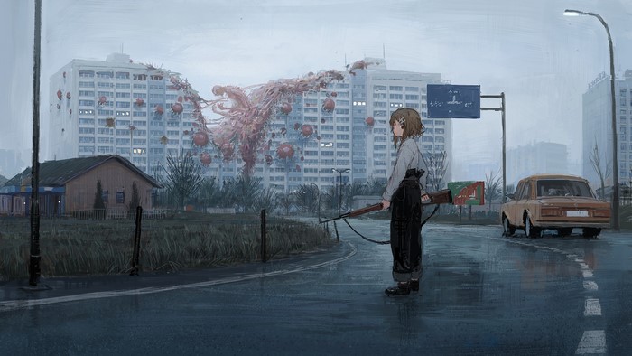 Girl with rifle in front of mutated apartment building