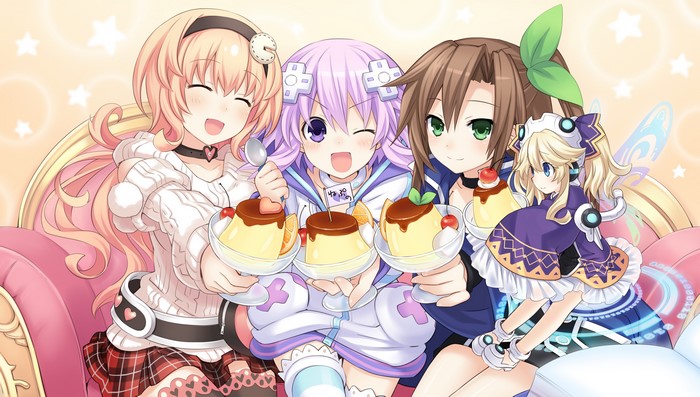 Hyperdimension Neptunia characters eating pudding