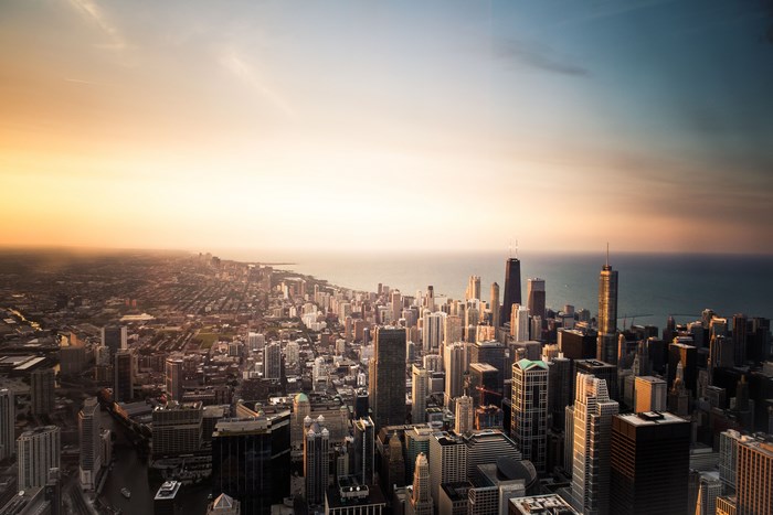 Chicago Skyline at Sunrise Over Lake Michigan