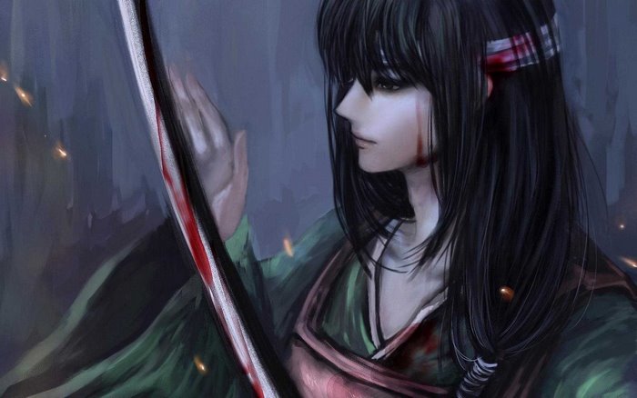 Bloody samurai woman with katana