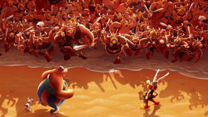 Asterix and Obelix on a beach facing an army