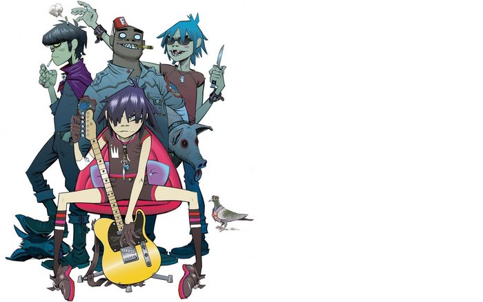 Gorillaz band members with a pig and a pigeon