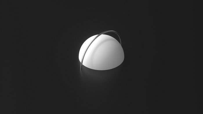 Minimalist white sphere with metal ring on black background