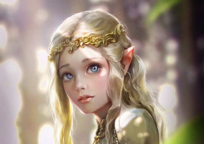 Blonde elf woman with blue eyes and golden crown