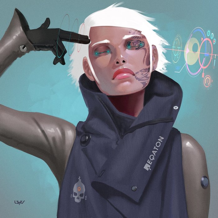 Cyberpunk woman with white hair and cybernetic eye
