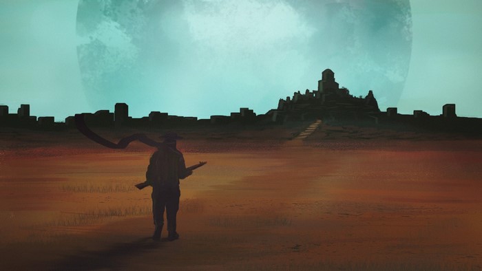 Lone traveler with rifle approaches ancient ruins under a large moon