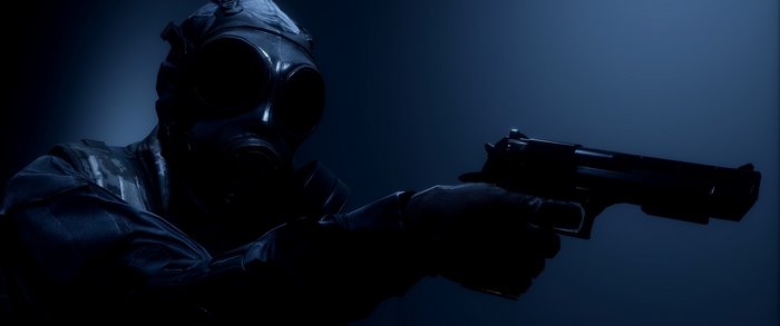 Soldier in gas mask holding a pistol