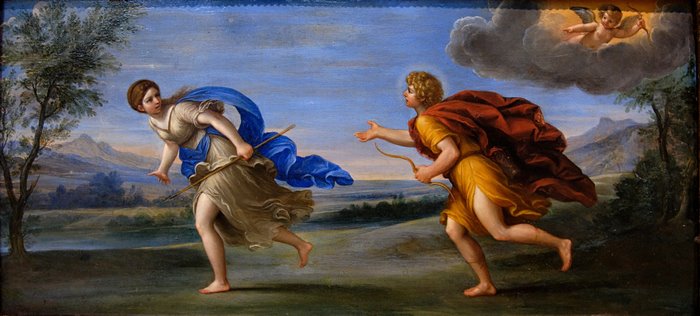 Apollo chasing Daphne in a landscape with Cupid