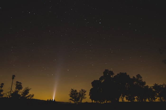 Group with flashlight under starry night sky