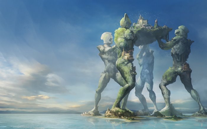 Fantasy island carried by stone giants