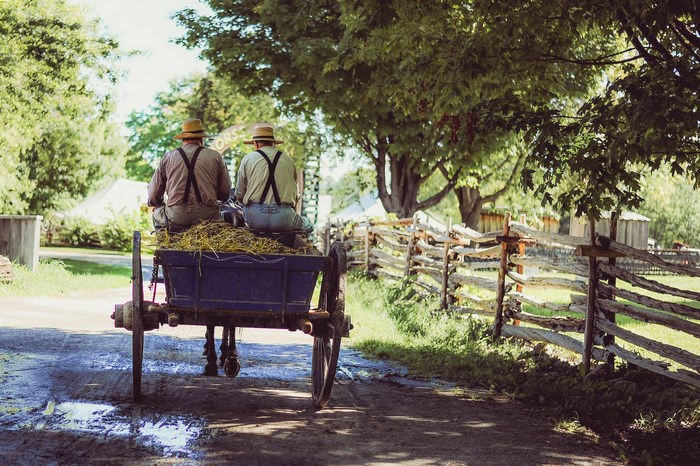 Two men in straw hats ride a horse-drawn wagon with hay