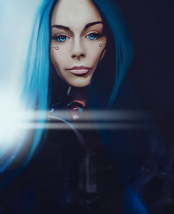 Woman with blue hair and cybernetic implants