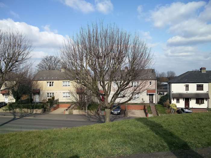 Residential street with houses and trees under a cloudy sky