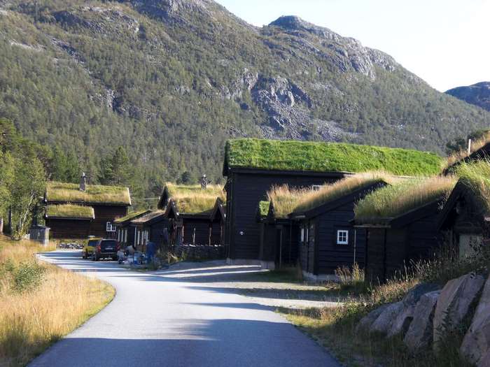 Wooden houses with grass roofs in Norway