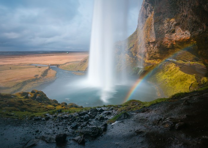 Seljalandsfoss Waterfall in Iceland with Rainbow