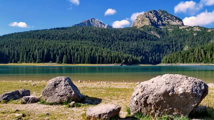 Lake and mountains with pine forest and rocks